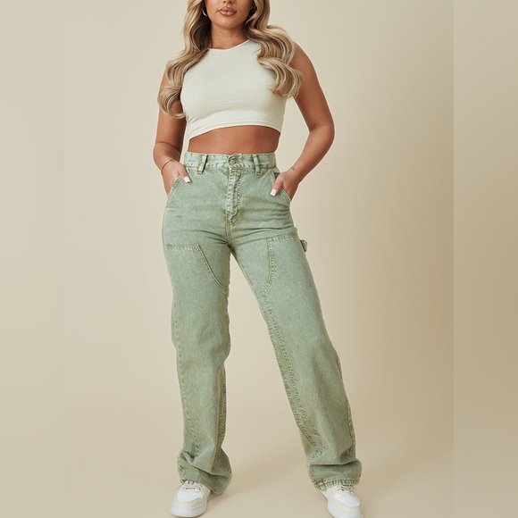PrettyLittleThing Denim - NWOT PrettyLittleThing Olive Green Seam Detail Panel Straight/Wide Leg Jean, 8